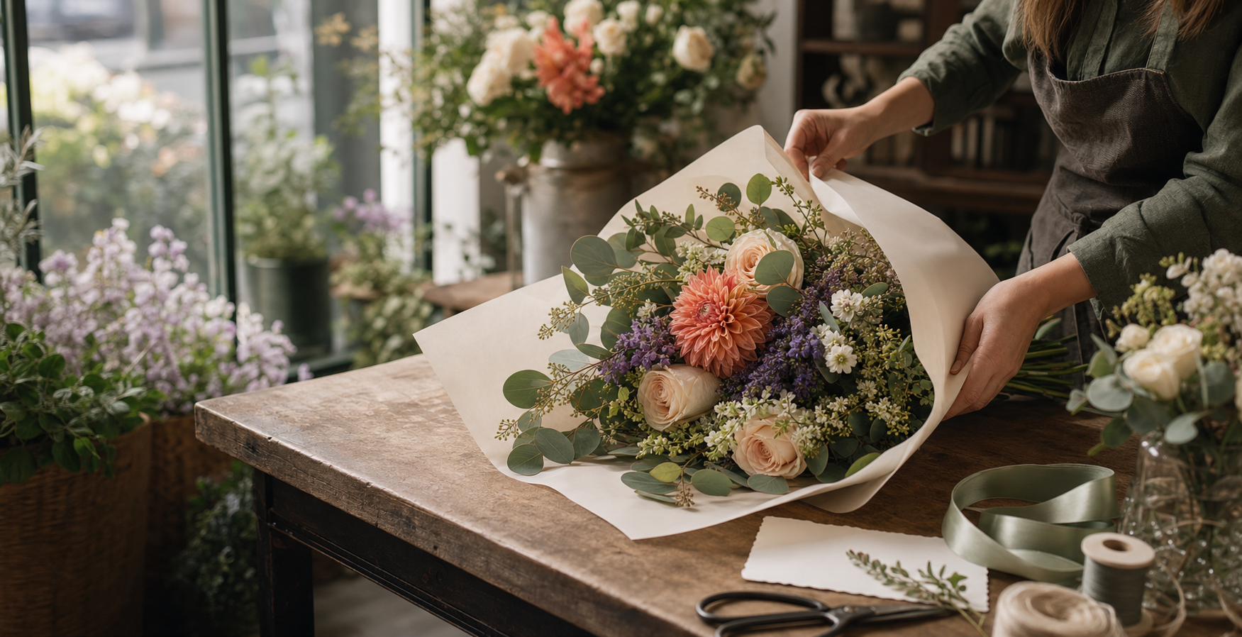 Florist wrapping a seasonal bouquet in a studio